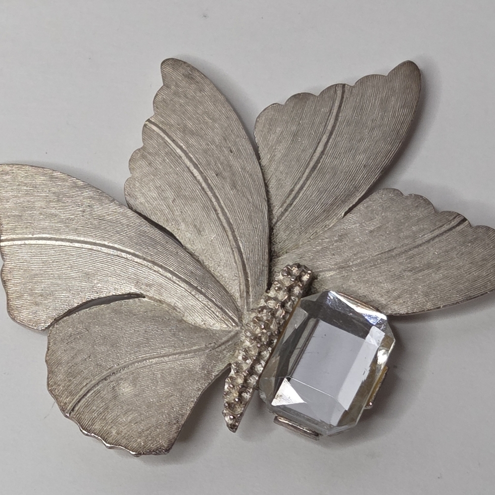 Vtg 80s pewter abstract butterfly with faceted rhinestone brooch pin costume Lrg